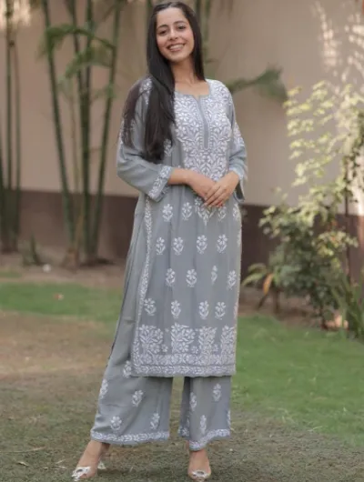 Grey White Cotton Chikankari Set