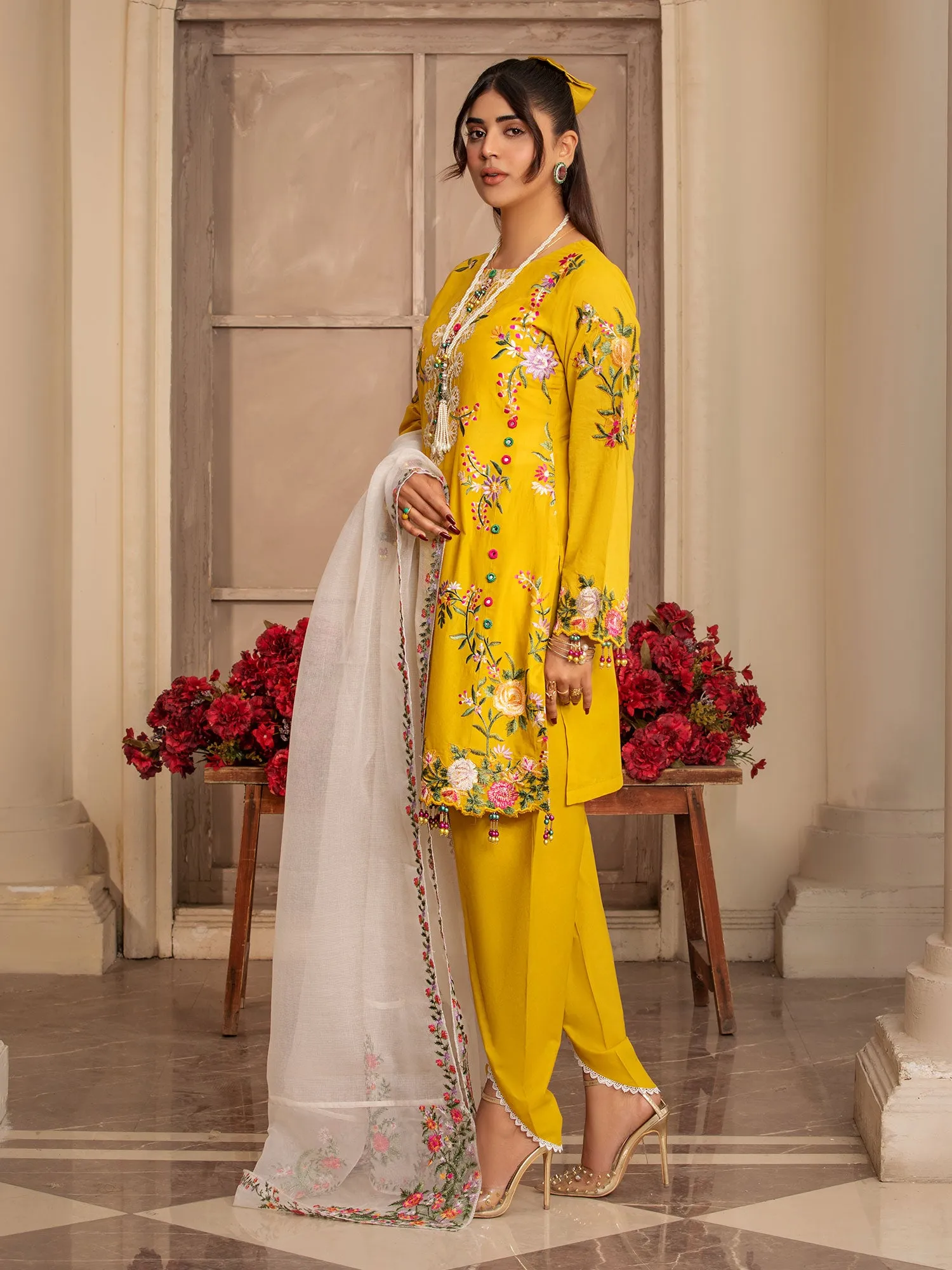 Heera's Mustard Embroidered Cambric Cotton 3-Piece Suit