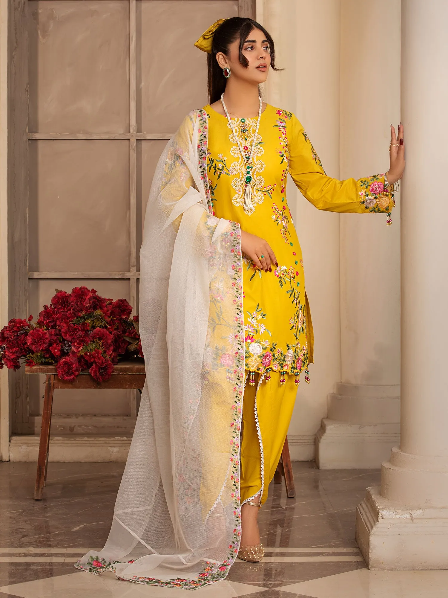 Heera's Mustard Embroidered Cambric Cotton 3-Piece Suit