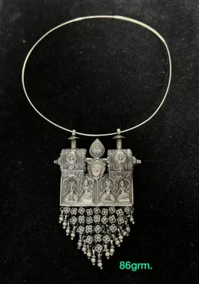 Hindu God Ganesh and Goddess Laxmi 925 Sterling Silver Flower Design Wire Hasli Necklace, Antique Vintage Ethnic Jewelry, Nickel-Free