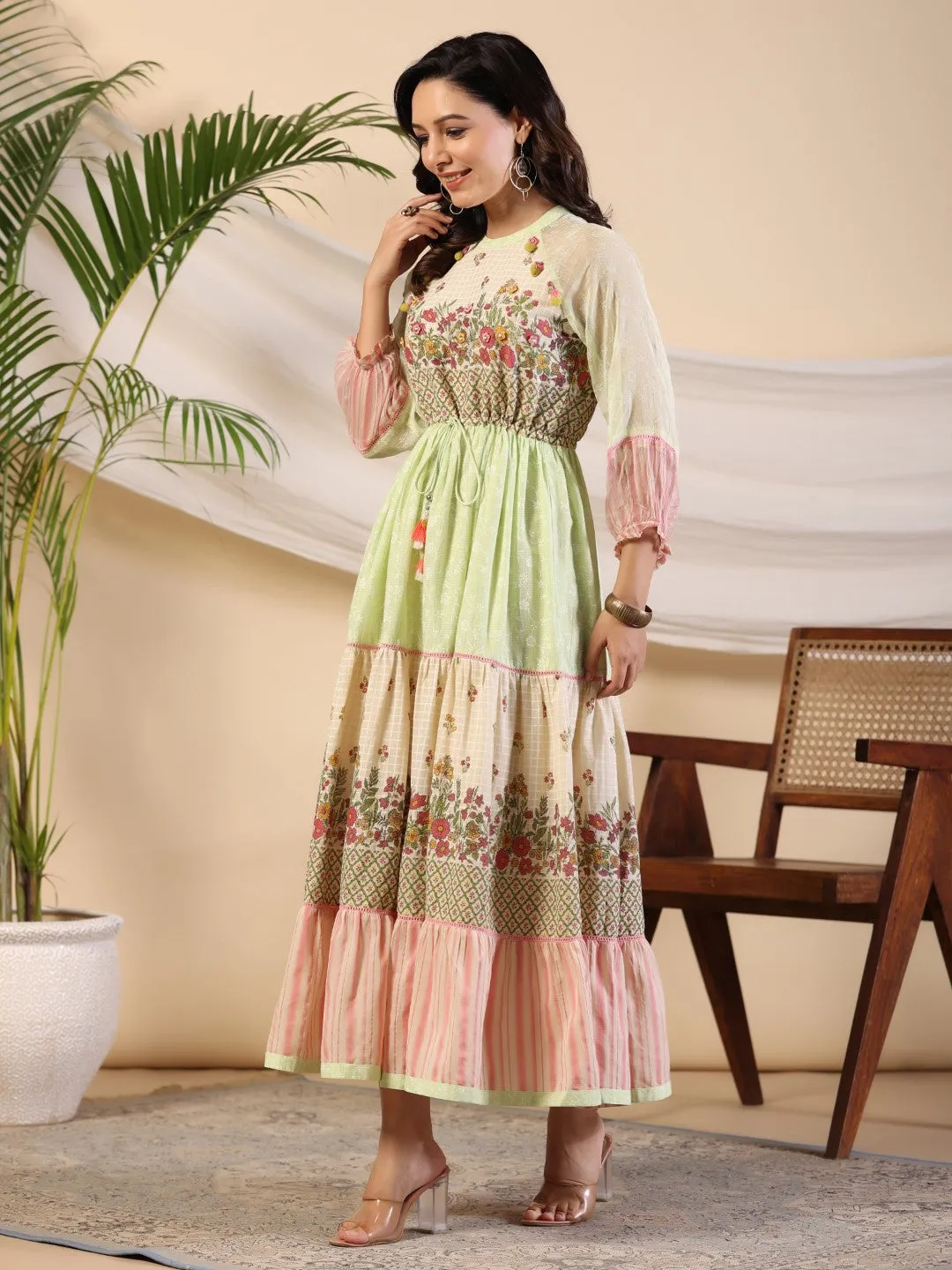 Juniper Green Wonderland Cotton & Chiffon Floral Printed Tiered Maxi Dress With Lace & 3D Handwork