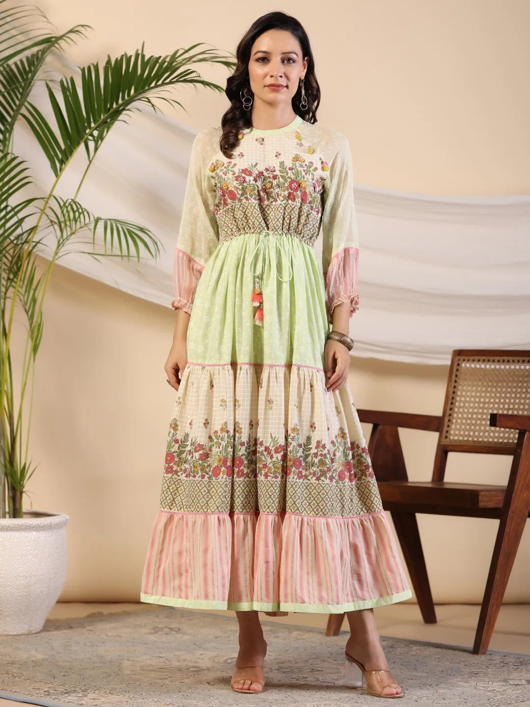 Juniper Green Wonderland Cotton & Chiffon Floral Printed Tiered Maxi Dress With Lace & 3D Handwork