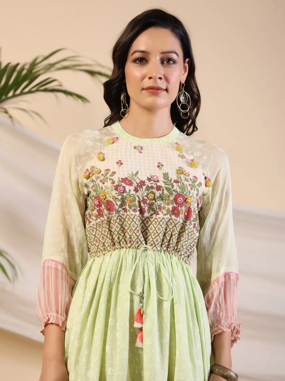 Juniper Green Wonderland Cotton & Chiffon Floral Printed Tiered Maxi Dress With Lace & 3D Handwork