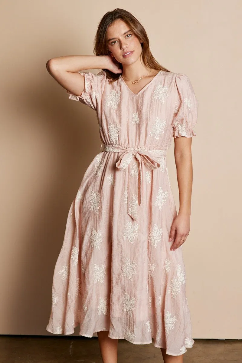 Kara V-Neck Embroidered Dress in Pink