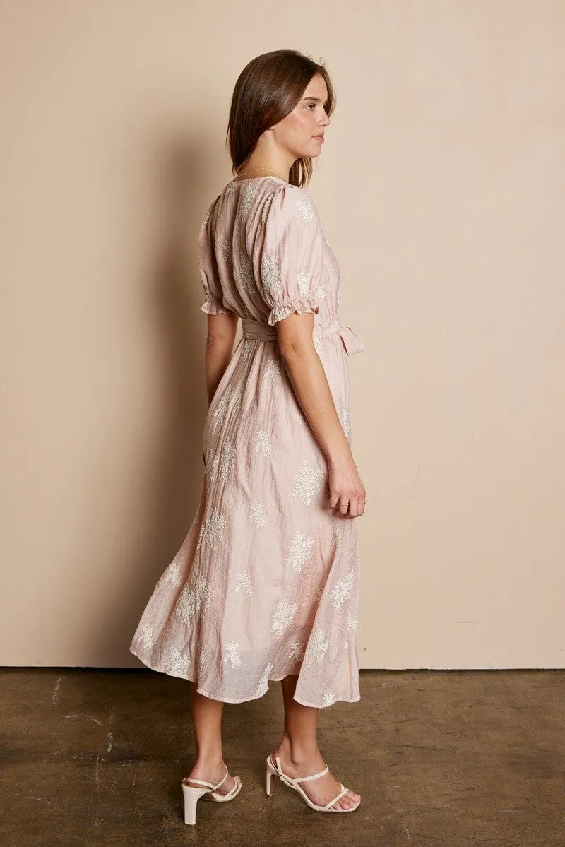 Kara V-Neck Embroidered Dress in Pink