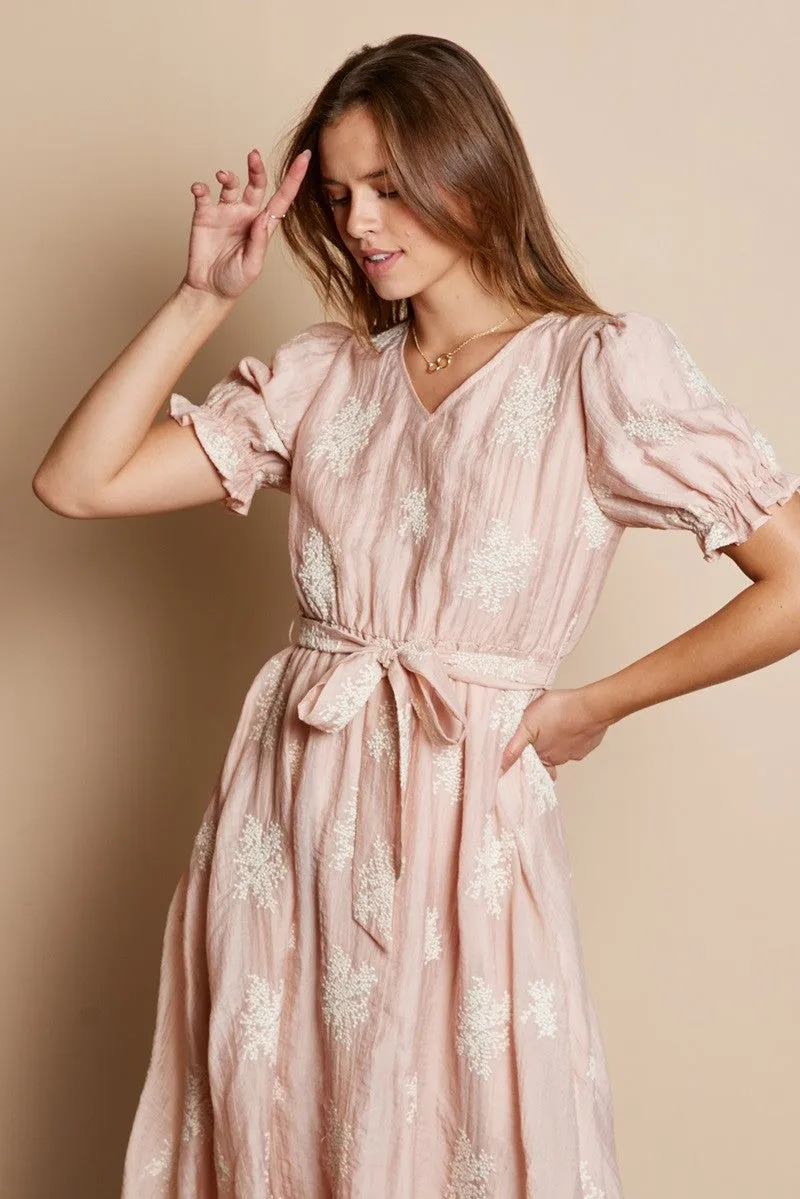 Kara V-Neck Embroidered Dress in Pink