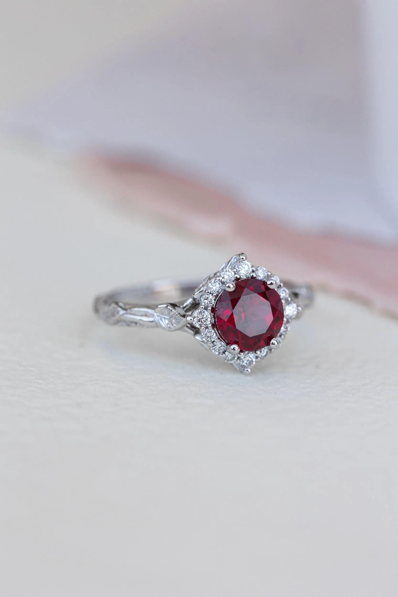 Lab ruby and diamond halo bridal ring set, nature inspired white gold stacking rings / Florentina