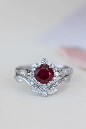 Lab ruby and diamond halo bridal ring set, nature inspired white gold stacking rings / Florentina