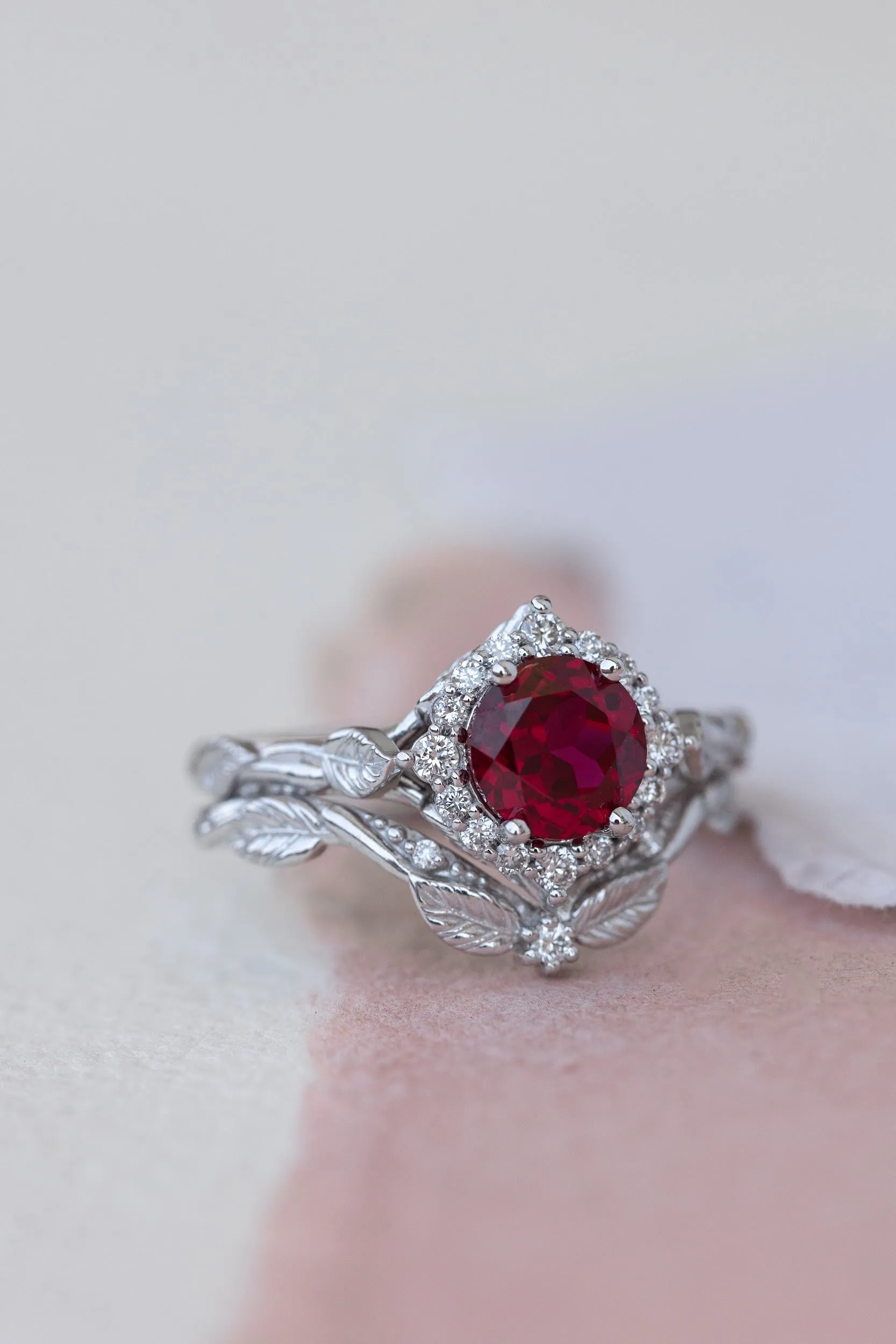 Lab ruby and diamond halo bridal ring set, nature inspired white gold stacking rings / Florentina