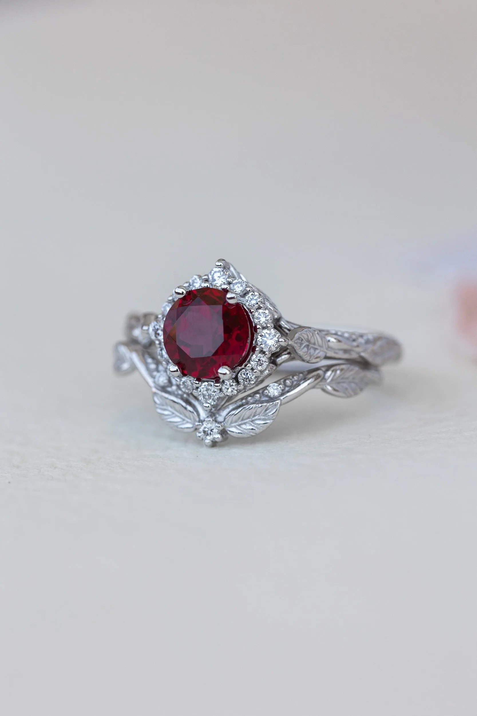 Lab ruby and diamond halo bridal ring set, nature inspired white gold stacking rings / Florentina