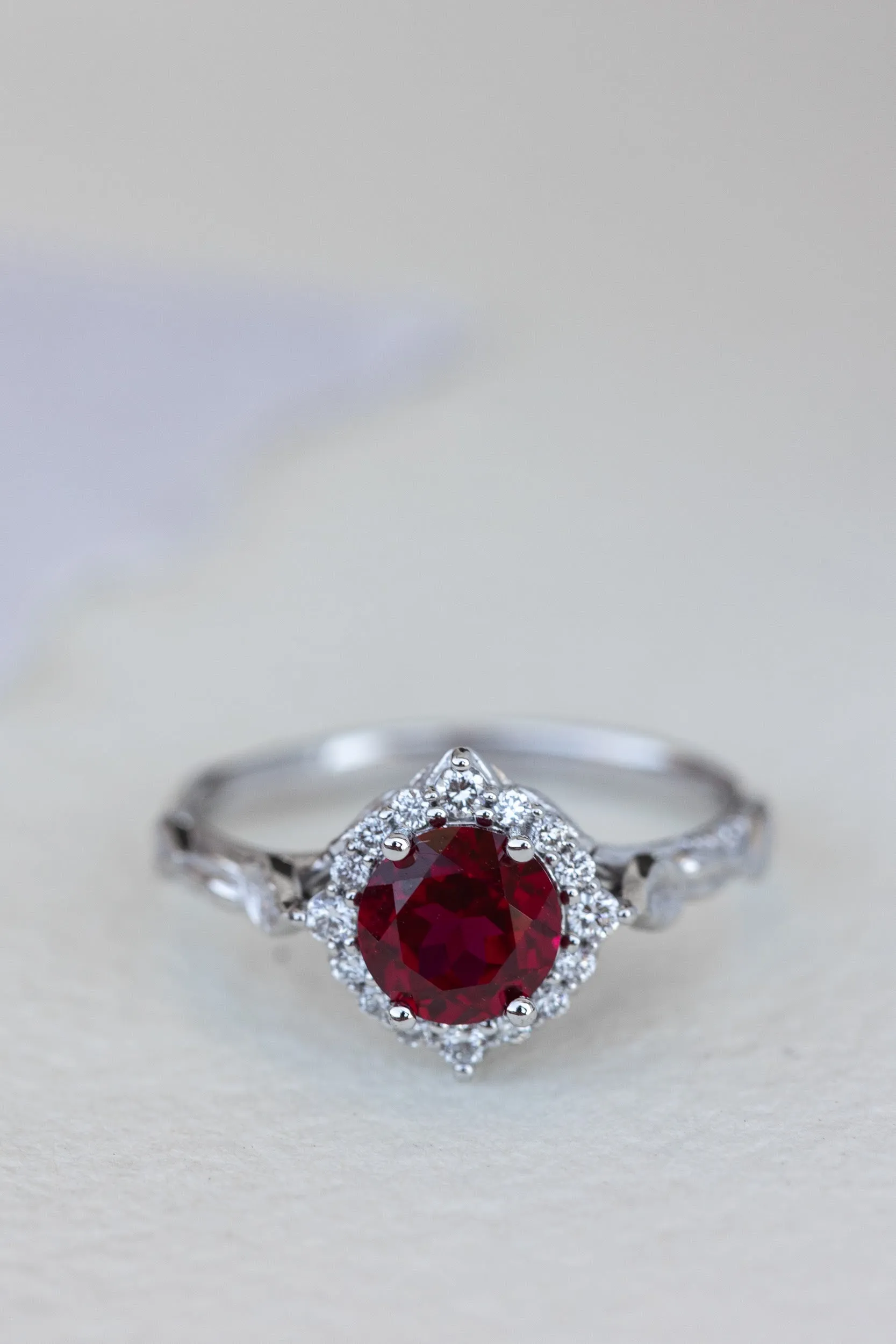 Lab ruby and diamond halo bridal ring set, nature inspired white gold stacking rings / Florentina