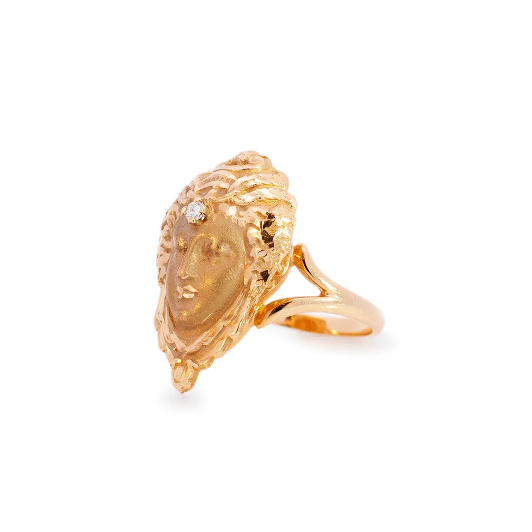 Ladies Vintage 14K Yellow Gold Satin And Polished Queen of Sheba Diamond Cocktail Ring