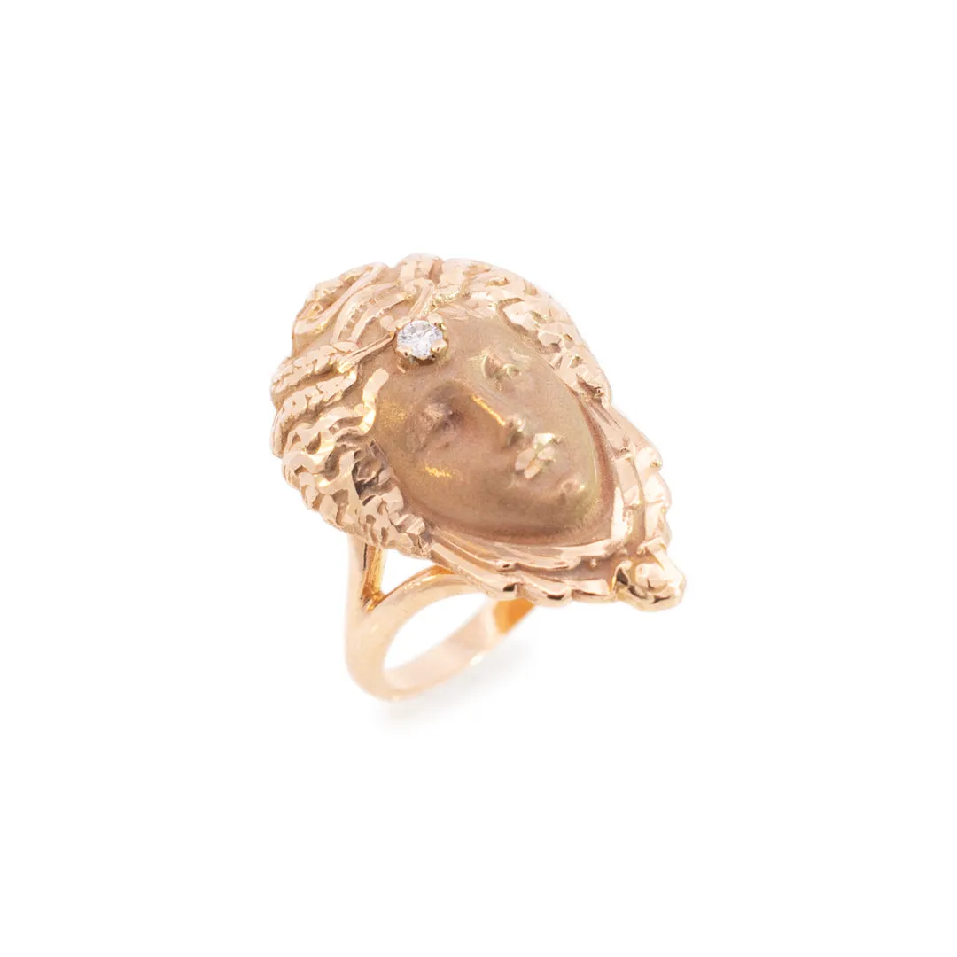 Ladies Vintage 14K Yellow Gold Satin And Polished Queen of Sheba Diamond Cocktail Ring