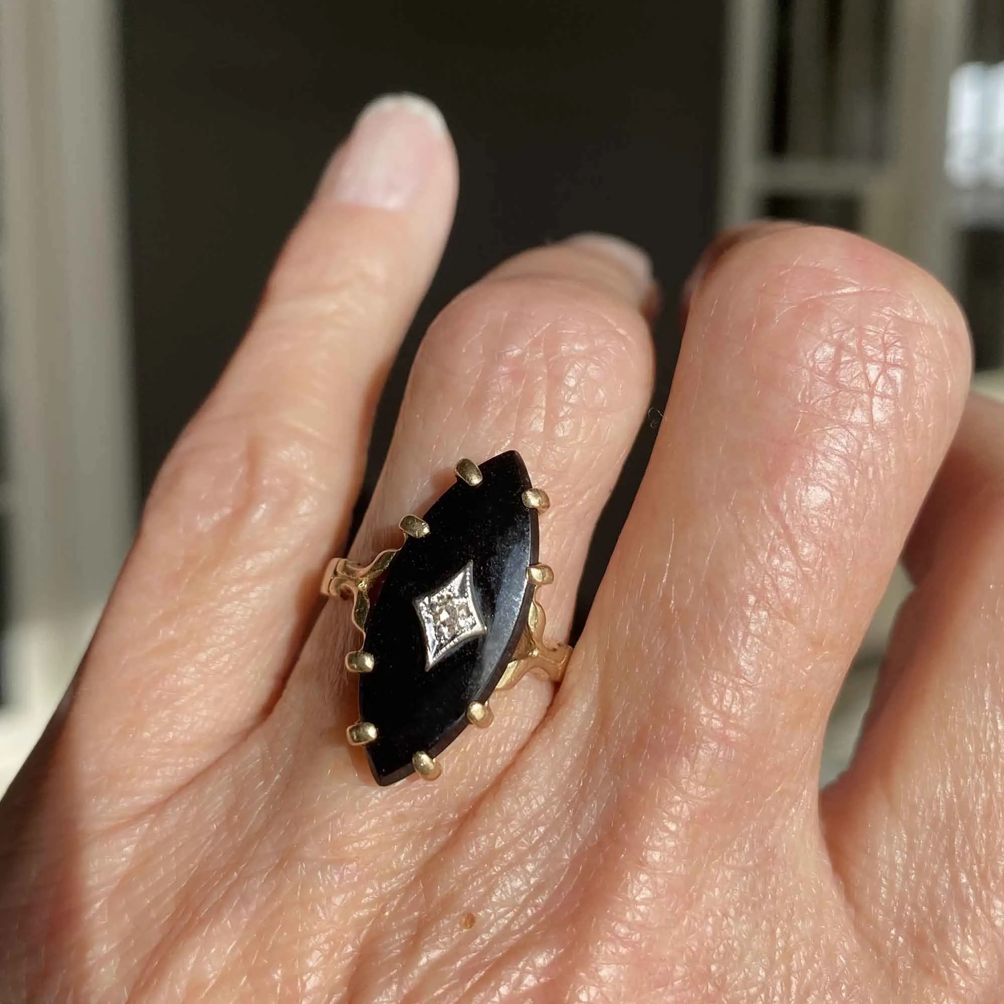 Marquise Black Onyx and Diamond Ring in 14K Gold