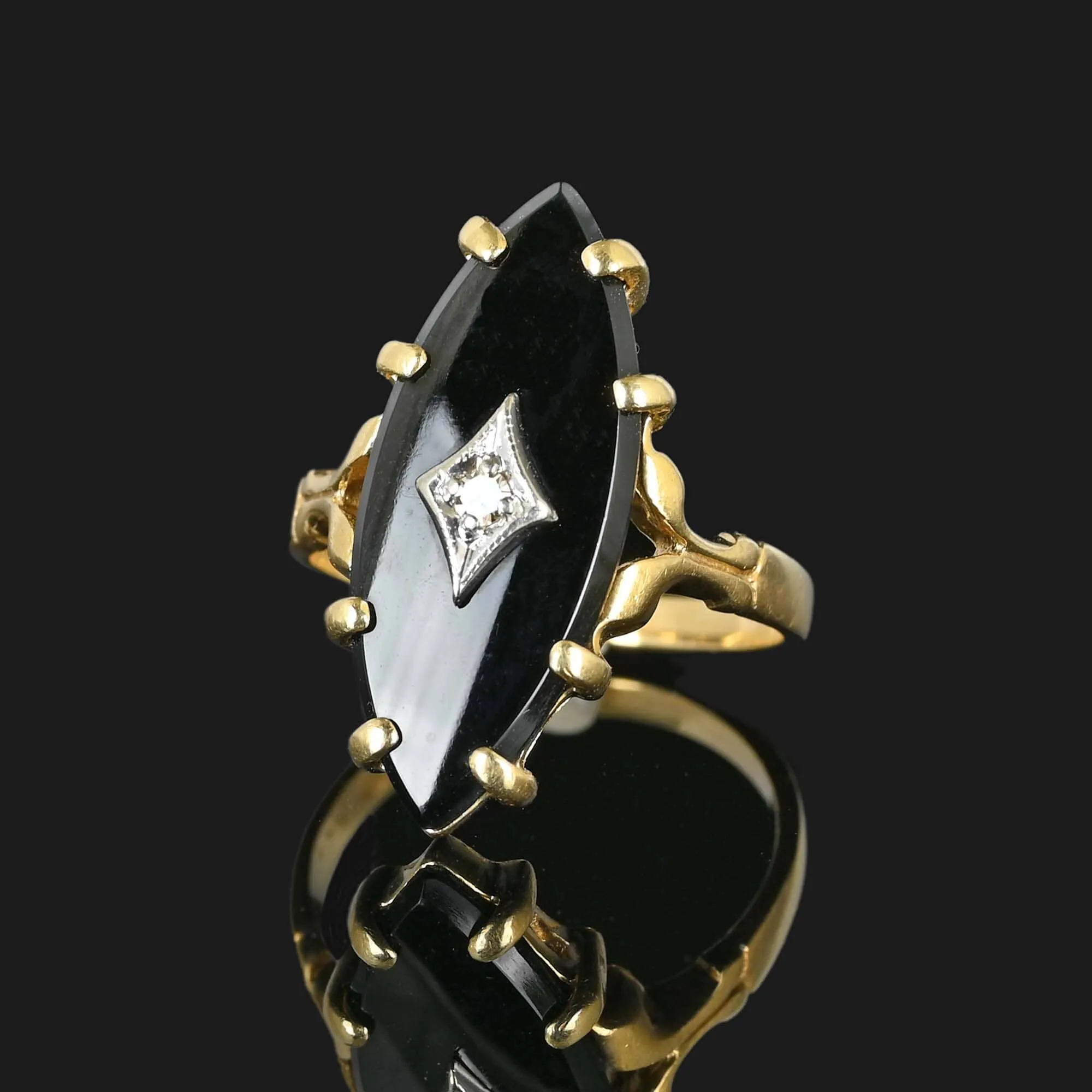 Marquise Black Onyx and Diamond Ring in 14K Gold