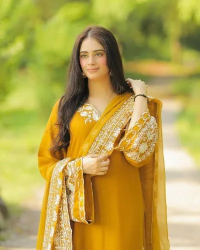 Mustard Yellow Maska Silk  Salwar Suit Set UK Next Day