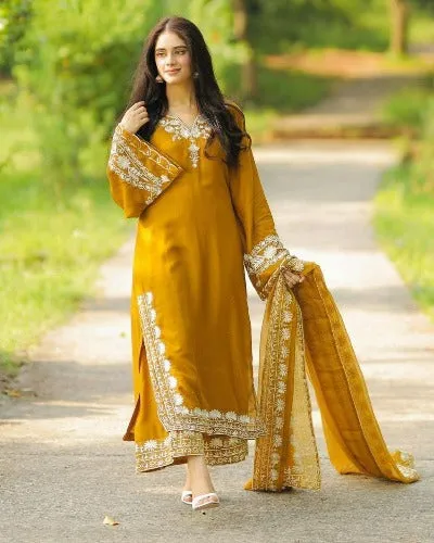 Mustard Yellow Maska Silk  Salwar Suit Set UK Next Day