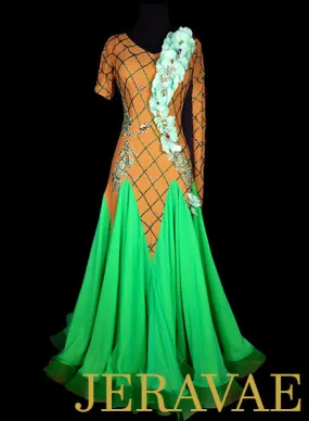 Nude Ballroom Dress w Green Flower Accents and Skirt Swarovski Crystal Stonework SMO048 sz Large