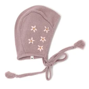 oh baby! Knitted Pilot Cap - Embroidered Pink Daisies - Dusty Lavender