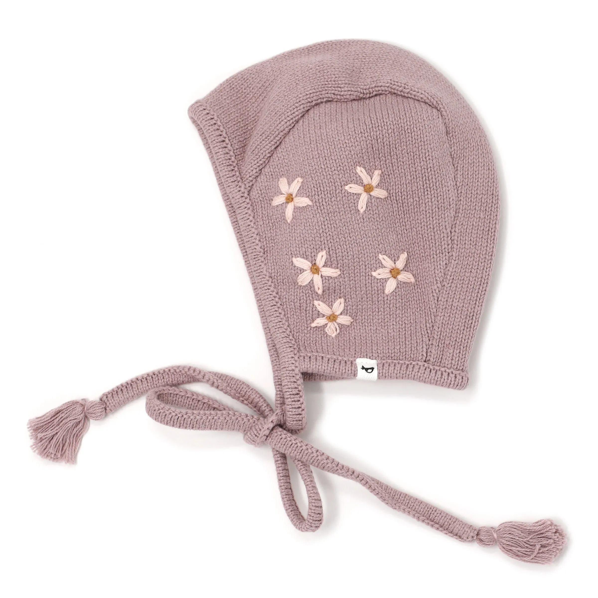 oh baby! Knitted Pilot Cap - Embroidered Pink Daisies - Dusty Lavender