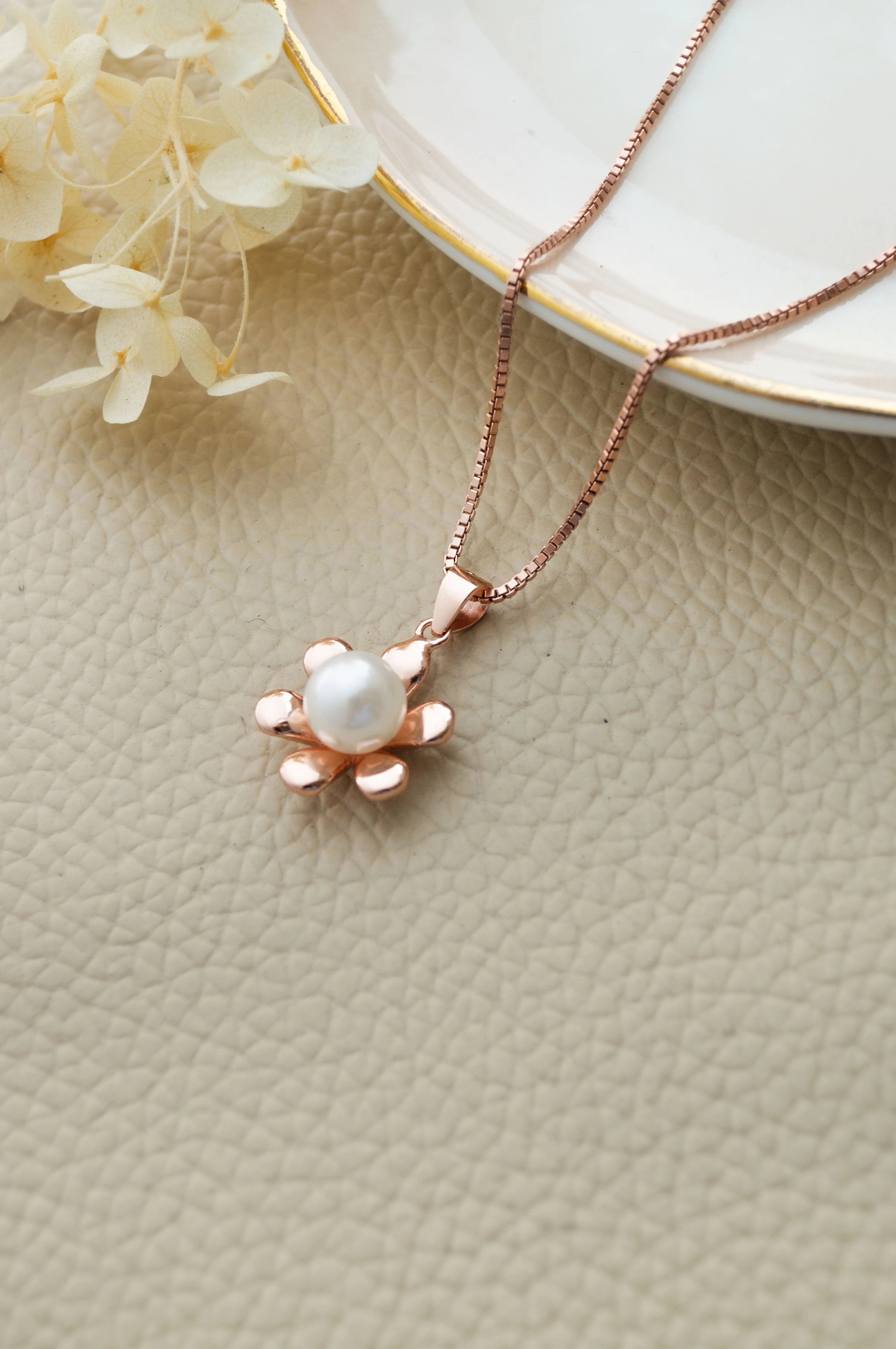 Pearl In A Flower Rose Gold Plated Sterling Silver Pendant