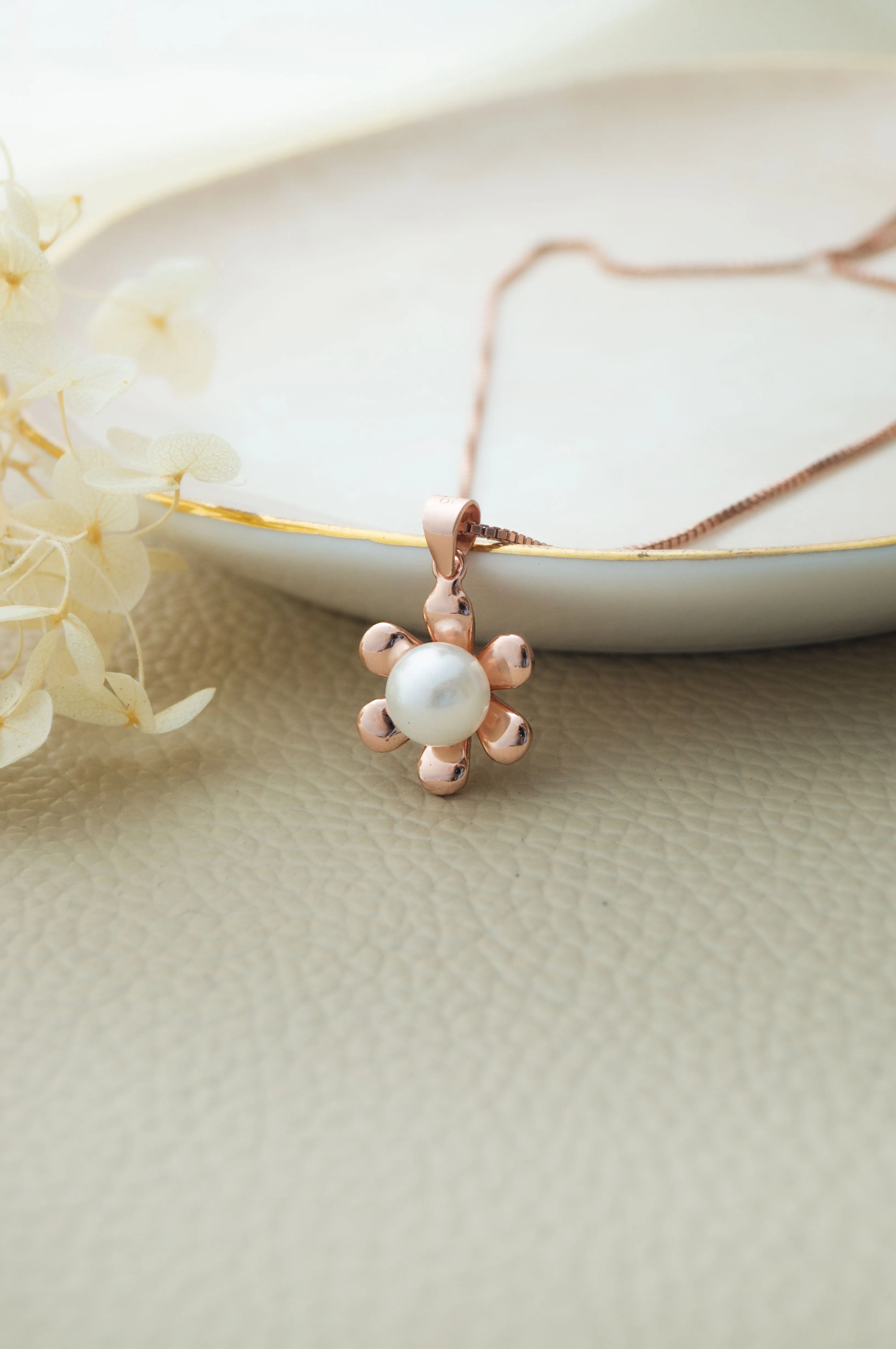 Pearl In A Flower Rose Gold Plated Sterling Silver Pendant