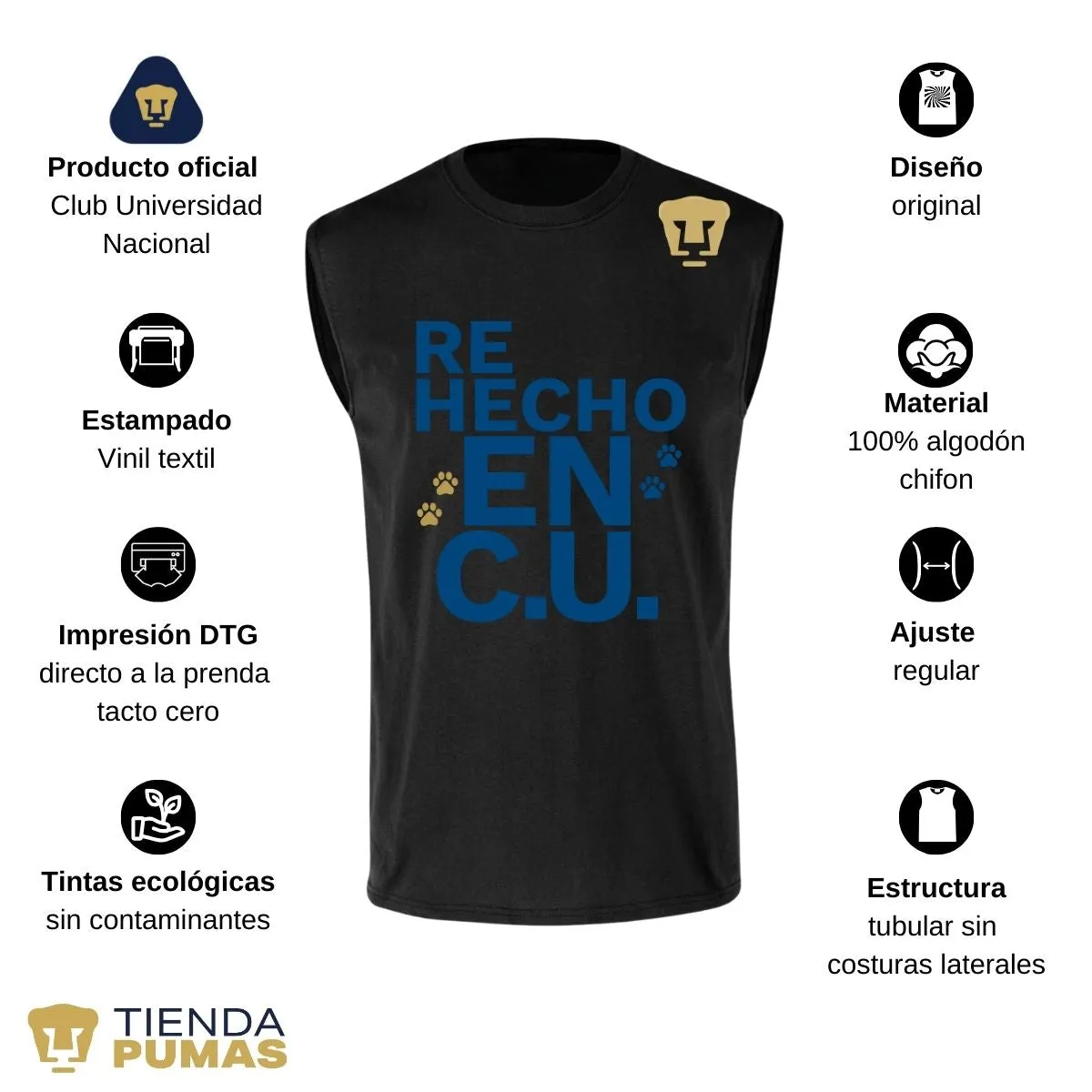 Playera Sin Manga Hombre Pumas UNAM Re Hecho en C.U.