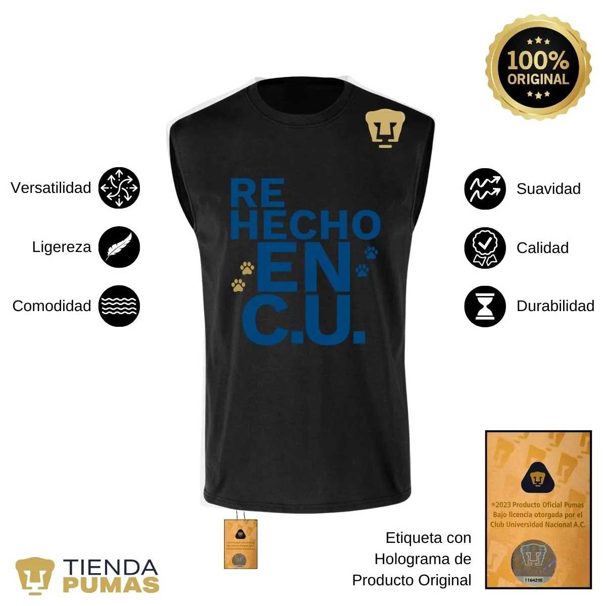 Playera Sin Manga Hombre Pumas UNAM Re Hecho en C.U.