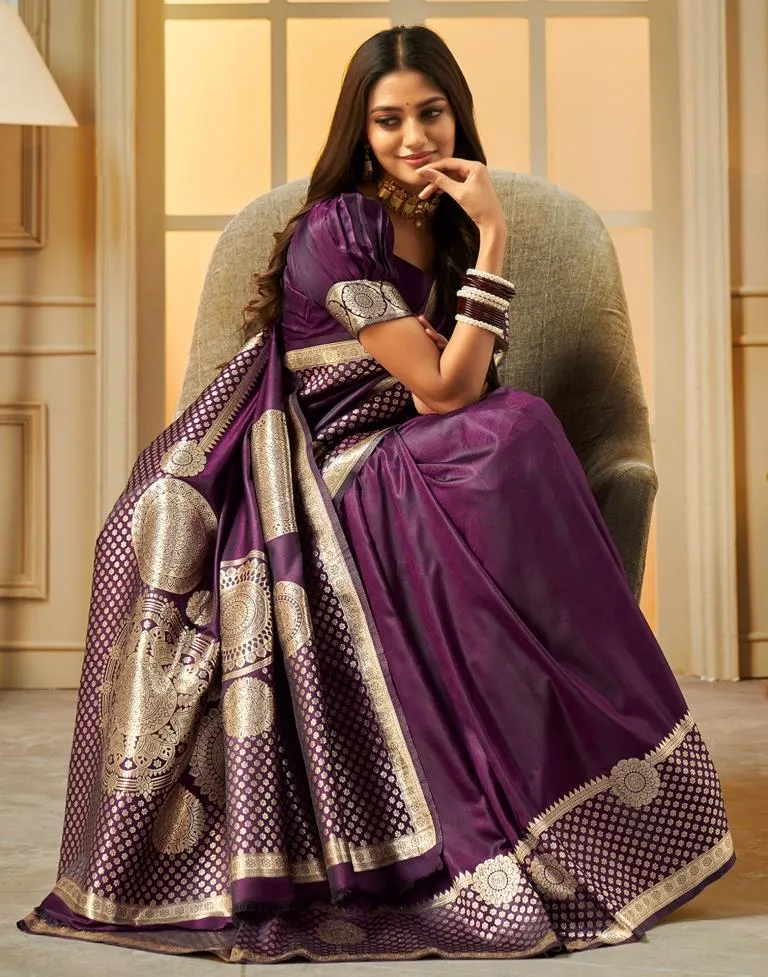 Pleasing Violet Color Banarasi Silk Saree  With Flower Motifs For Women