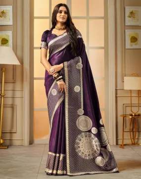 Pleasing Violet Color Banarasi Silk Saree  With Flower Motifs For Women