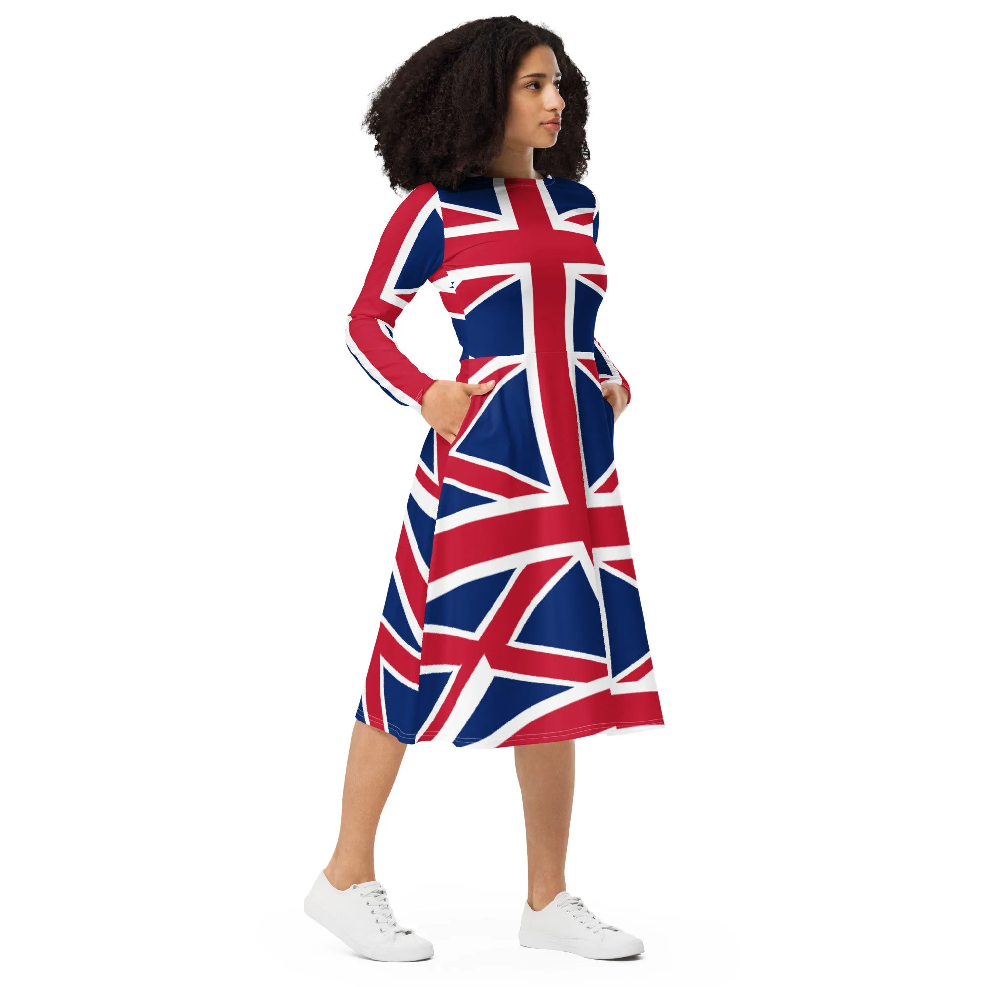 Plus Size Union Jack Dress / Long Sleeve Dress With Pockets / Sizes 2XS - 6XL