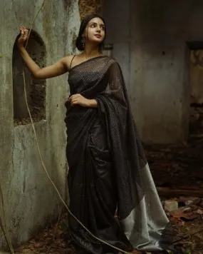 Premium Soft Black Organza With Silver Pallu Saree