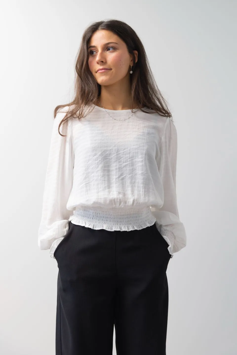 Pure Ivory Puff Sleeve Shirred Hem  Textured Top