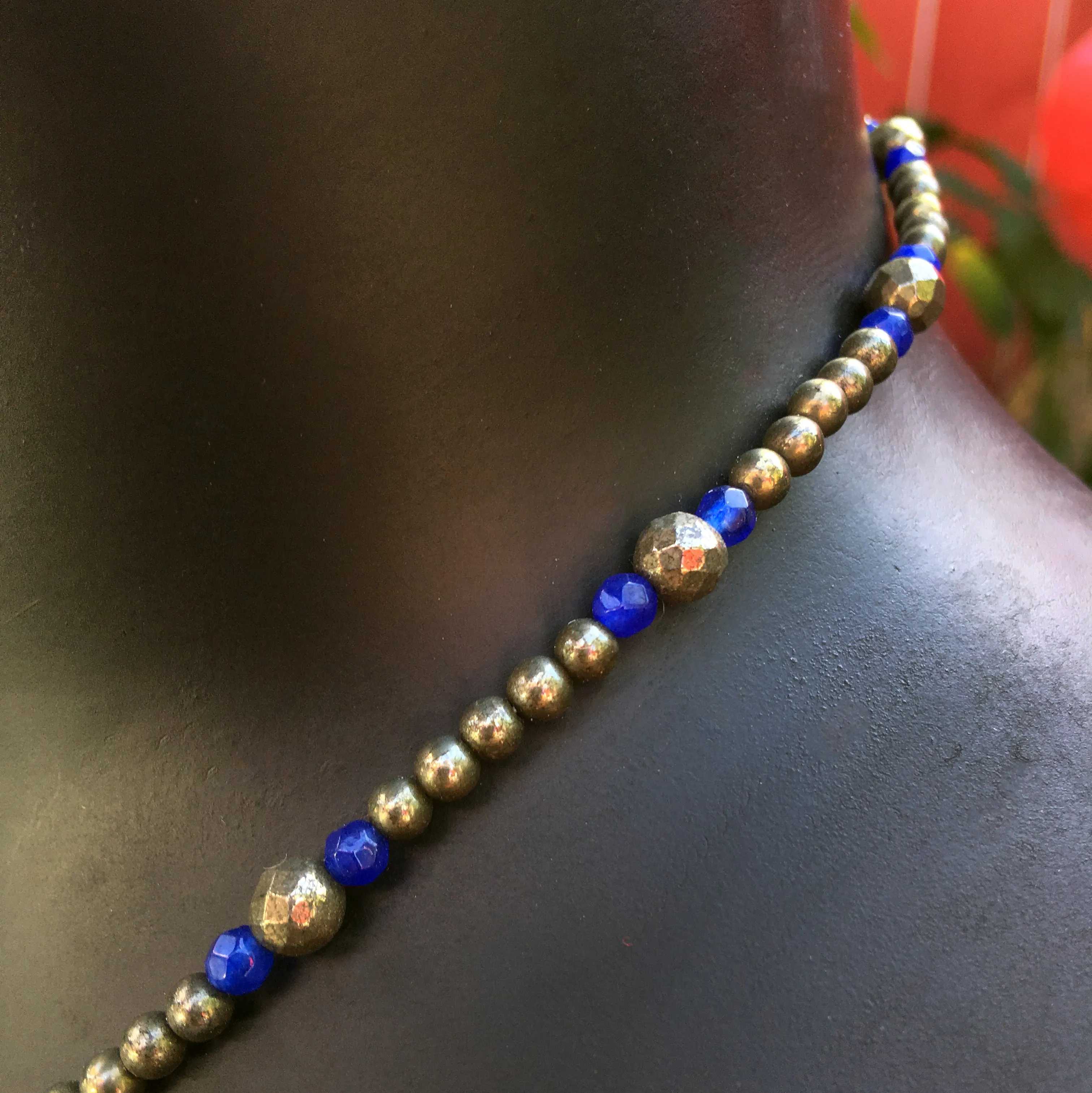 Pyrite Pendent necklace with Blue jade Gemstones