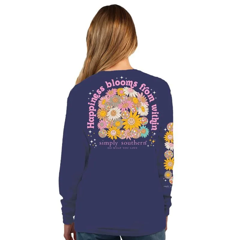 "Simply Southern 100% Cotton Long Sleeve T-Shirt - 'Happiness Blooms from Within' with Floral Design