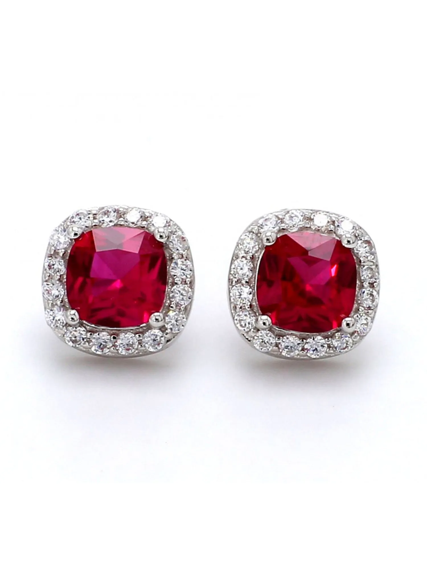 Ruby And American Diamond Classic Halo Stud Earrings In 925 Silver