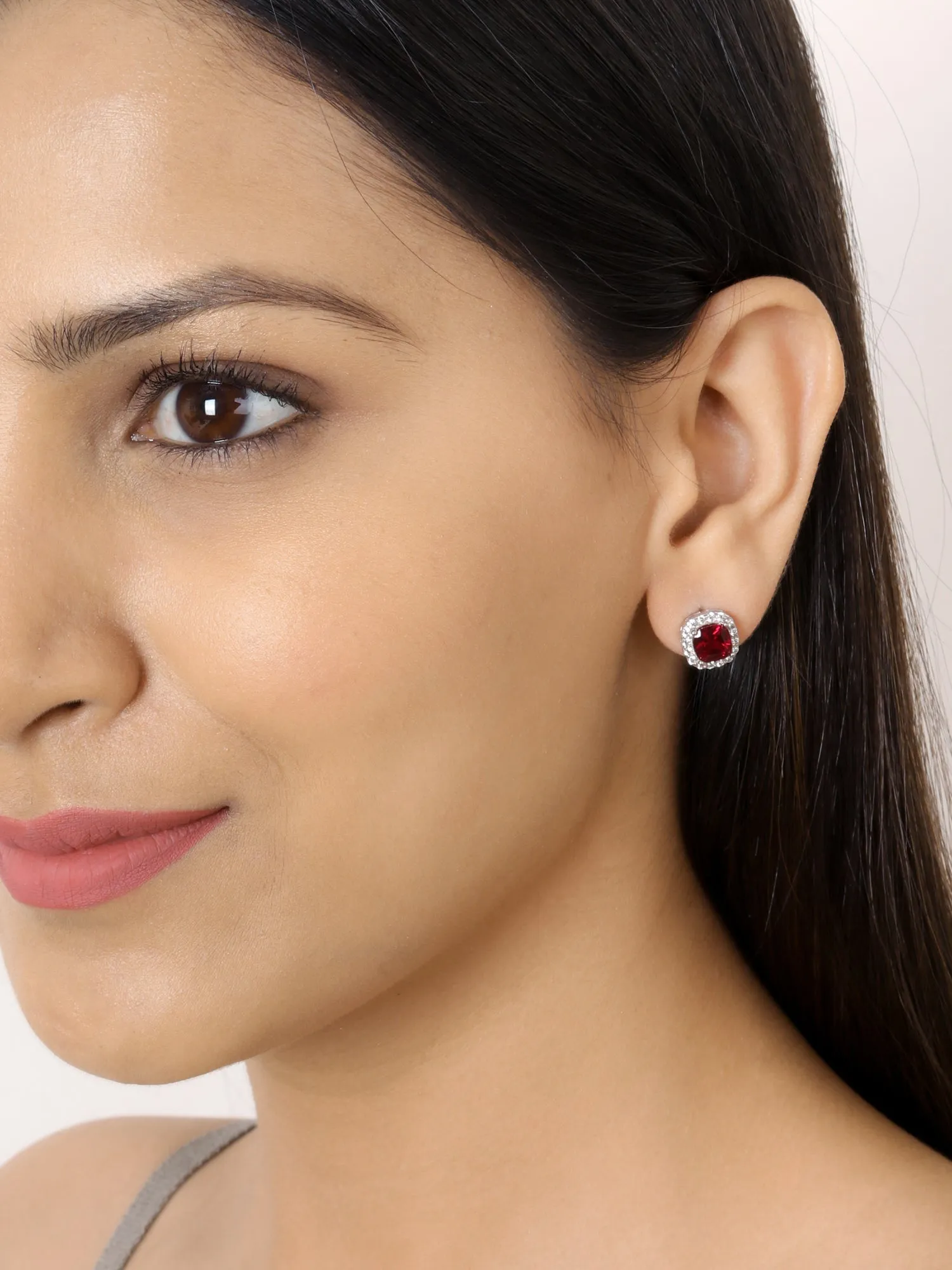 Ruby And American Diamond Classic Halo Stud Earrings In 925 Silver