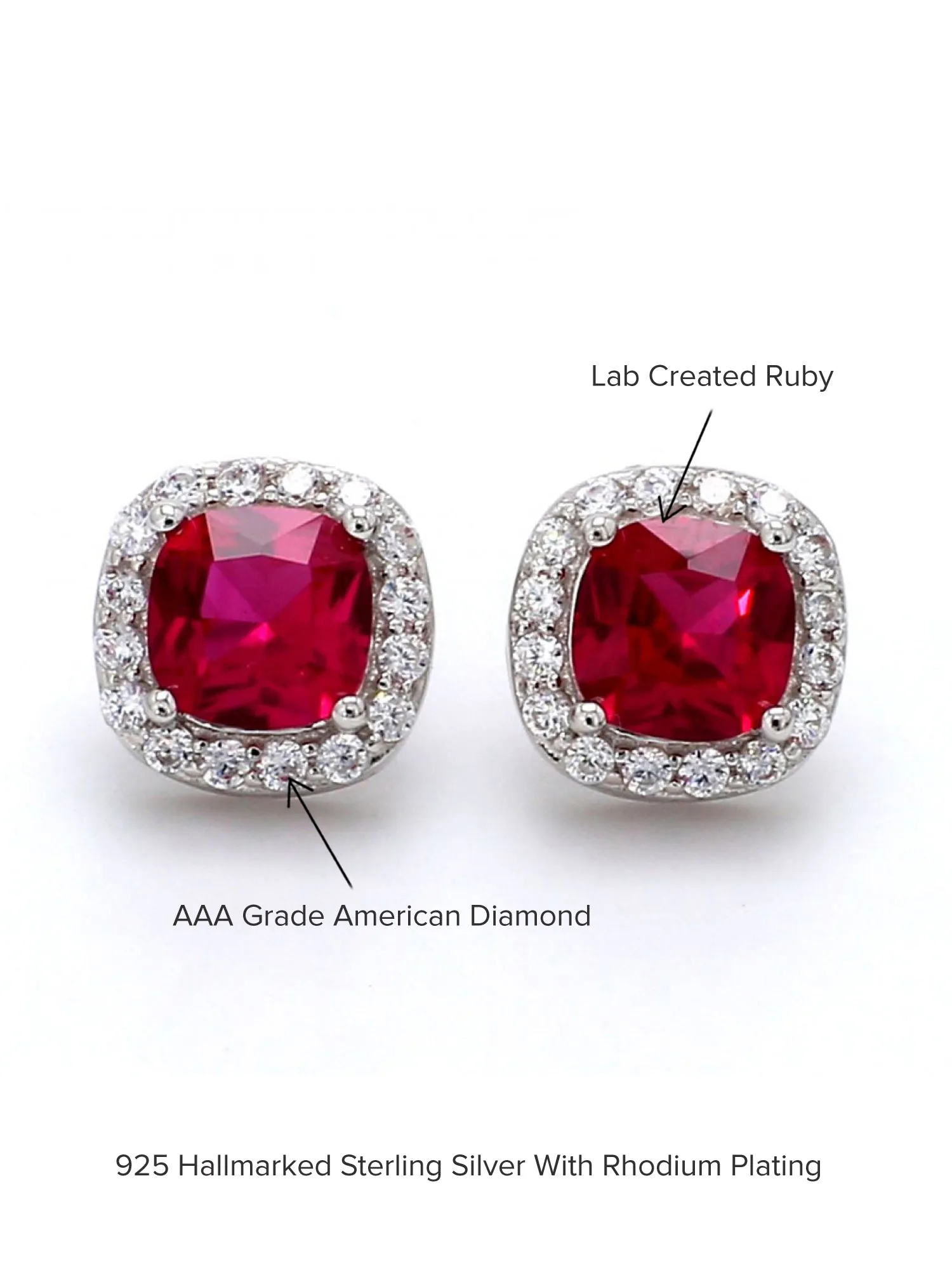 Ruby And American Diamond Classic Halo Stud Earrings In 925 Silver