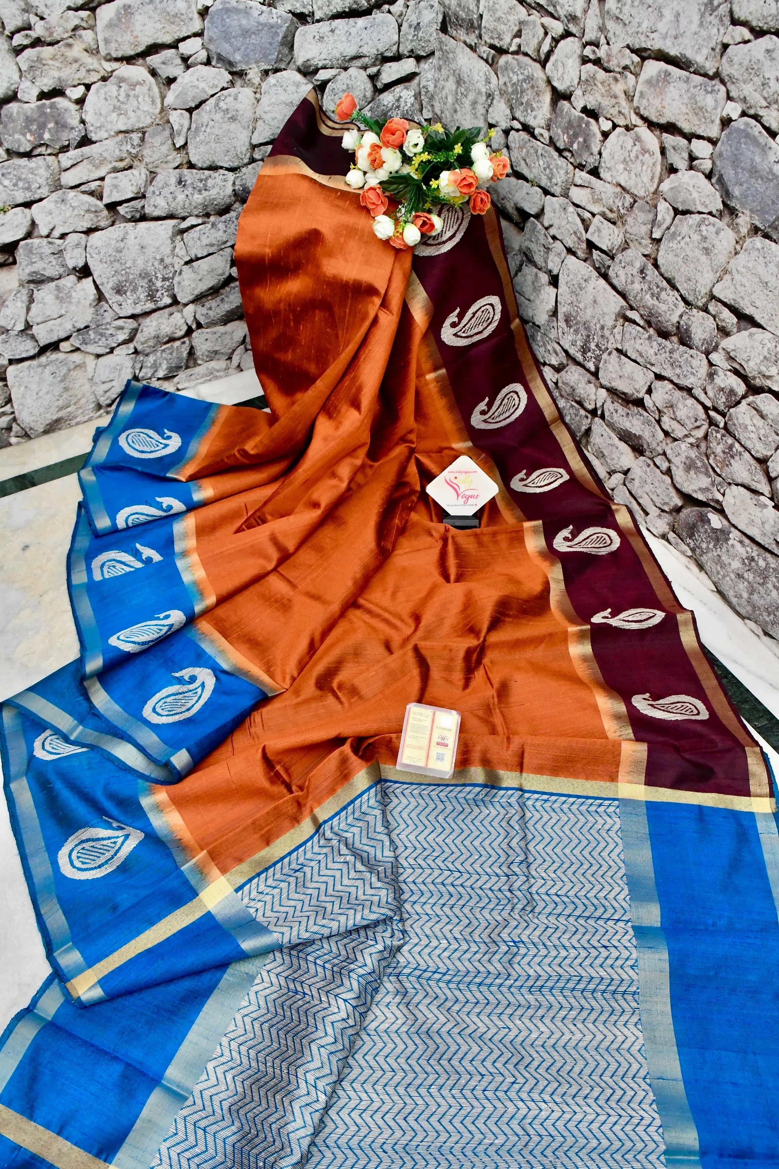 Rust Color Pure Raw Silk Saree with Ganga Jamuna Border