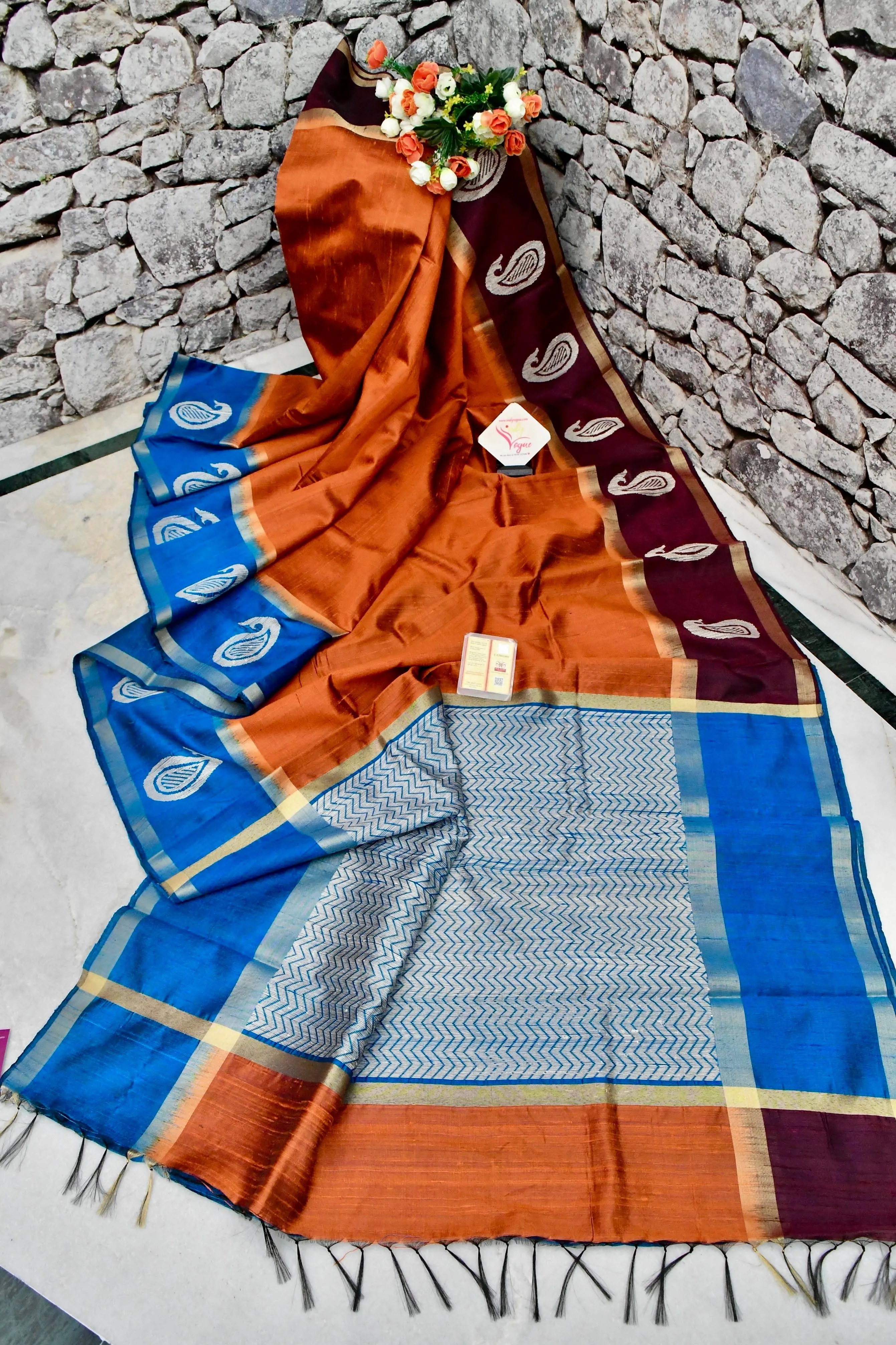 Rust Color Pure Raw Silk Saree with Ganga Jamuna Border