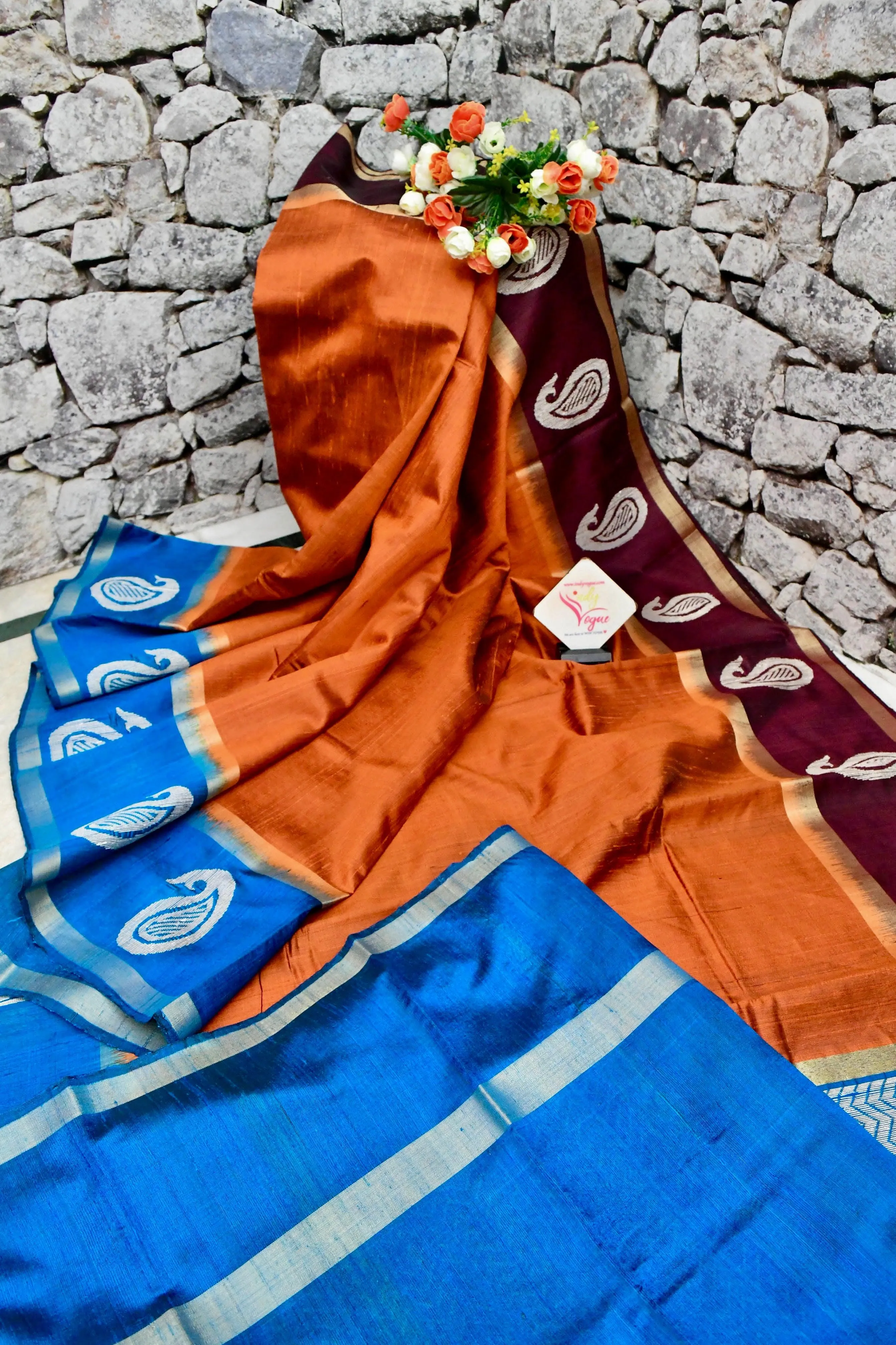 Rust Color Pure Raw Silk Saree with Ganga Jamuna Border