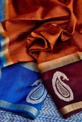 Rust Color Pure Raw Silk Saree with Ganga Jamuna Border