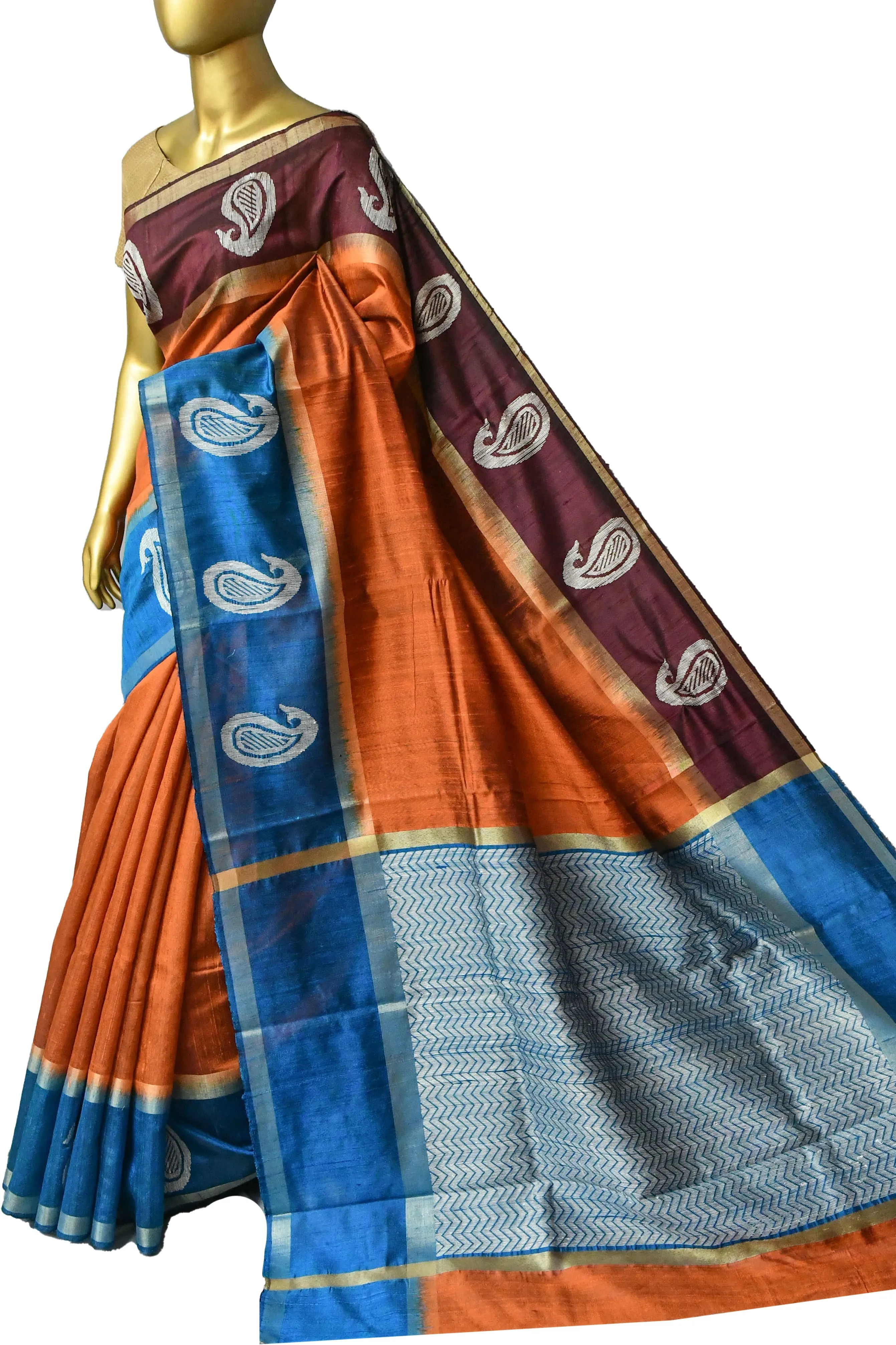 Rust Color Pure Raw Silk Saree with Ganga Jamuna Border