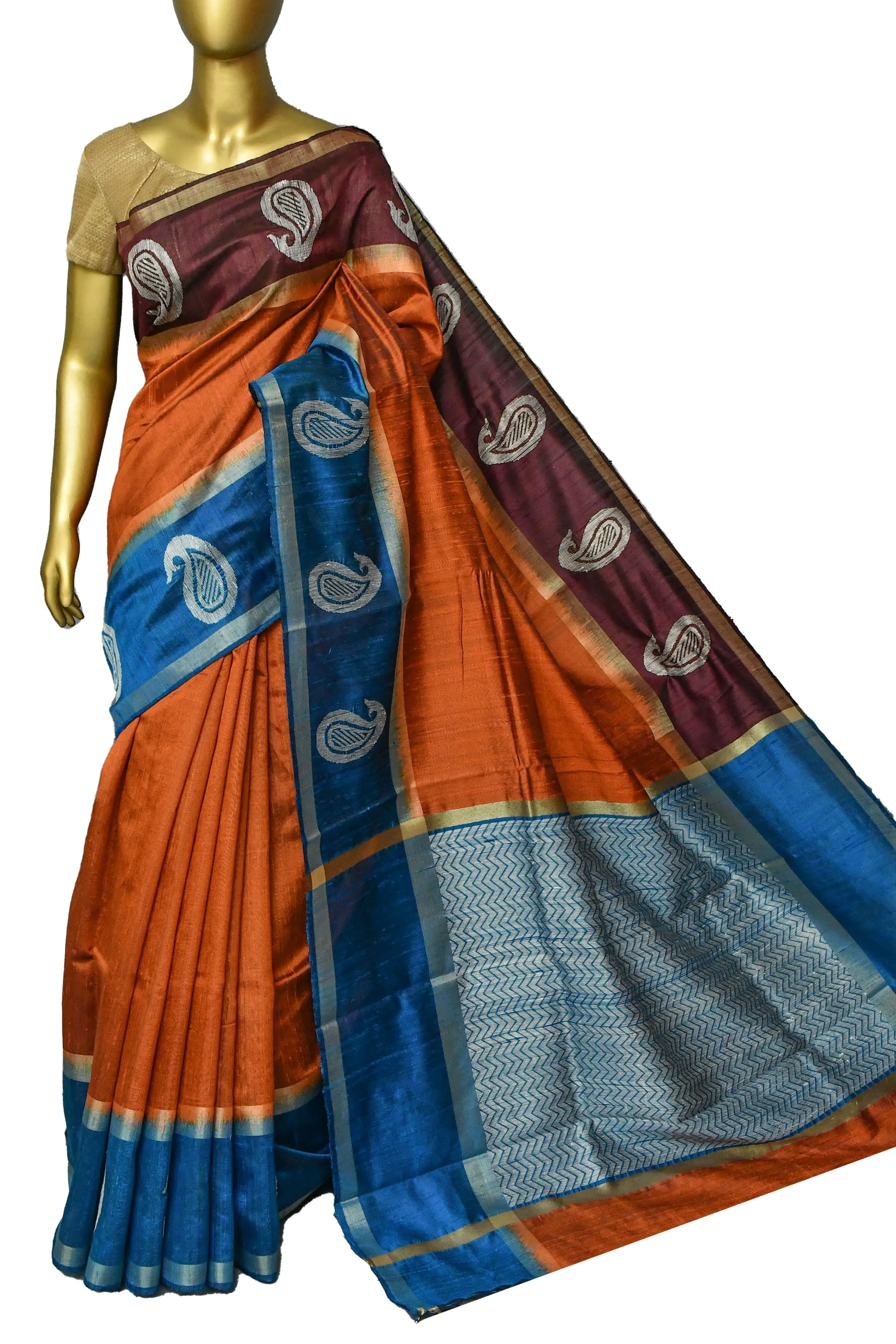 Rust Color Pure Raw Silk Saree with Ganga Jamuna Border