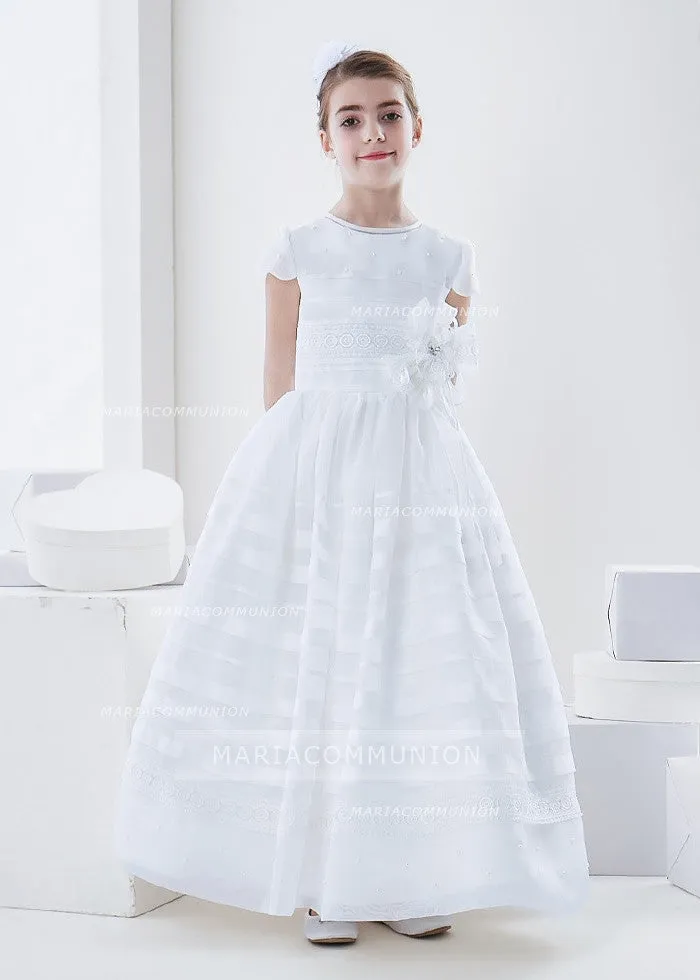 Scalloped Short Sleeve Ball Gown Organza First Communion Dress With Beading And Flower