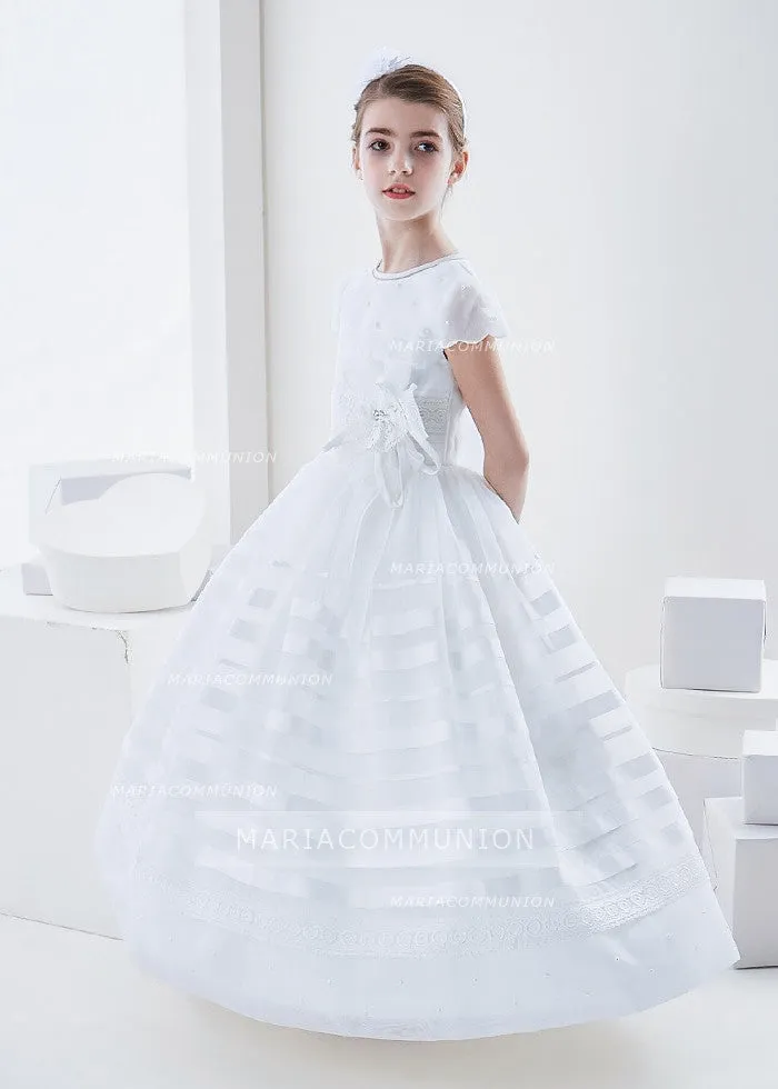 Scalloped Short Sleeve Ball Gown Organza First Communion Dress With Beading And Flower