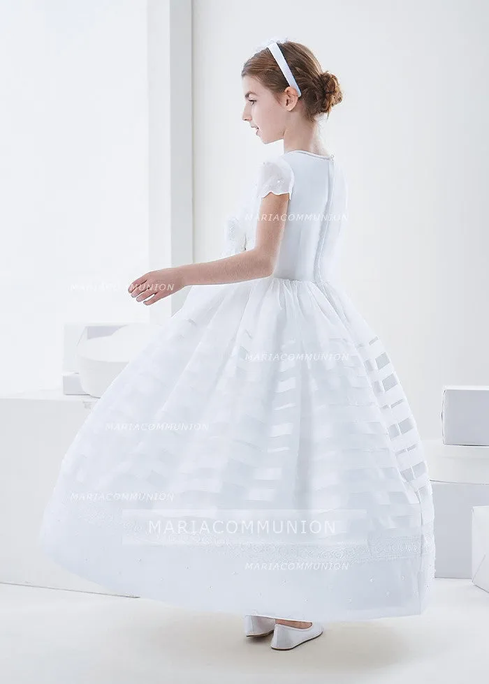 Scalloped Short Sleeve Ball Gown Organza First Communion Dress With Beading And Flower