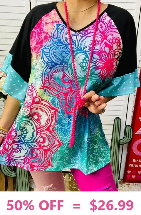 Small, Medium, large : Turquoise, Pink, Muti color flower bell sleeve top