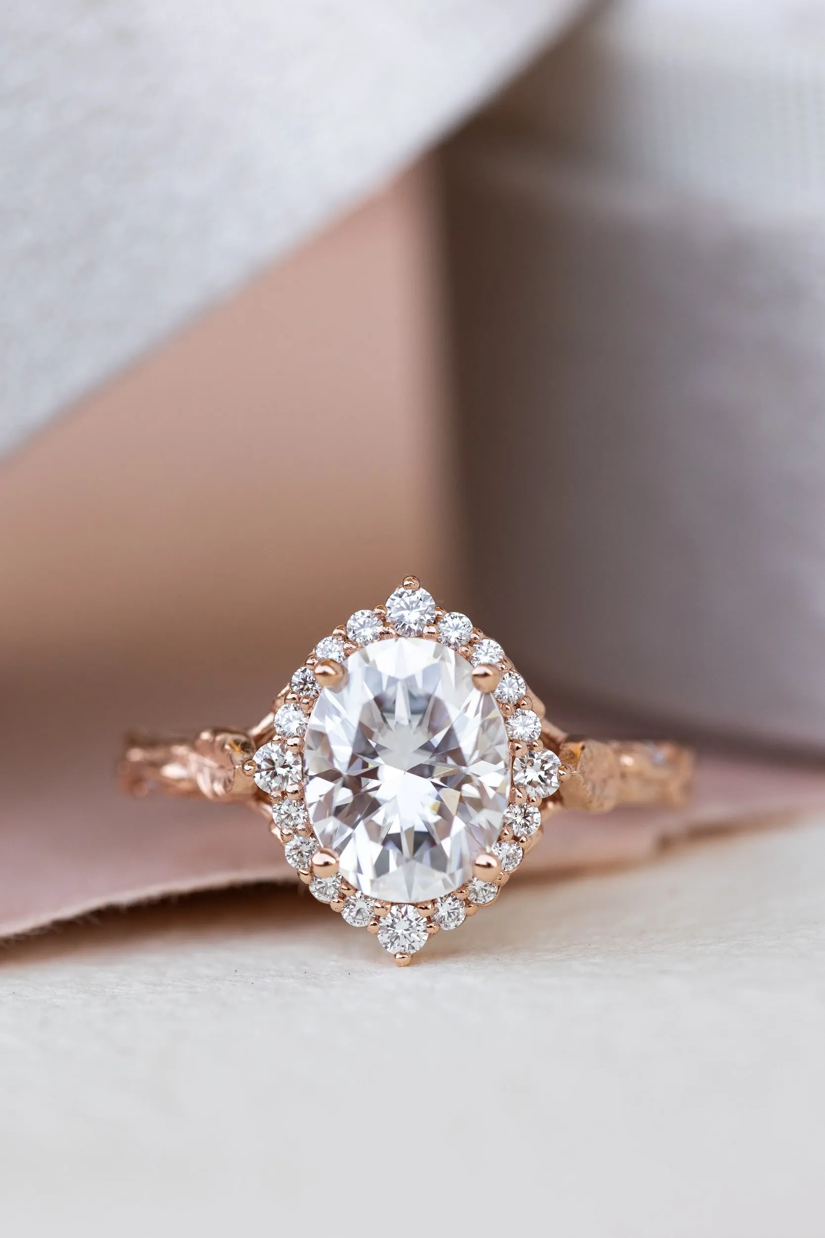 Sparkling moissanite engagement ring, nature themed proposal ring with diamond halo / Florentina