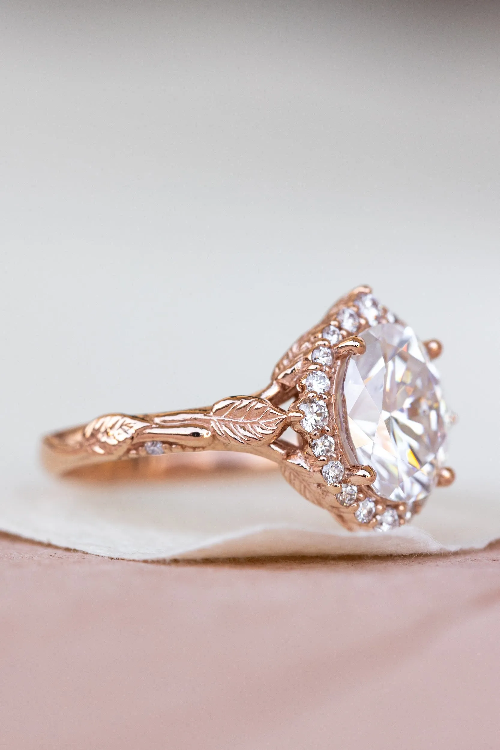 Sparkling moissanite engagement ring, nature themed proposal ring with diamond halo / Florentina